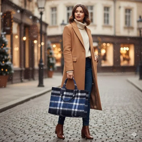 H&M Plaid Wool Tote Bag – Blue, Navy & White Check | Cozy Winter Purse - Picture 1 of 10